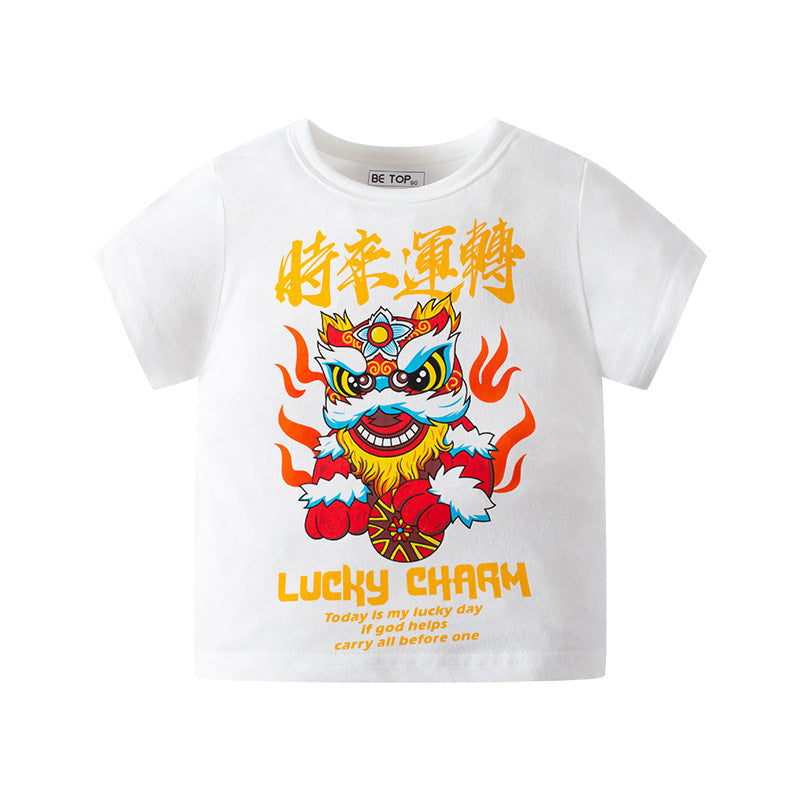 Summer new children's cartoon short-sleeved T-shirt boy Chinese style lion dance good luck pure cotton breathable trendy brand INS