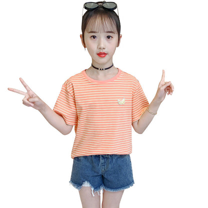 Girls short-sleeved T-shirt 2024 summer new striped embroidery cartoon fruit T-shirt stylish cotton stretch top