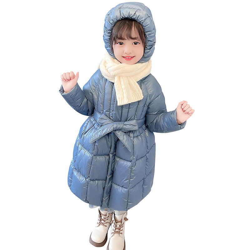 Girls winter long cotton coat elementary school students kindergarten cotton jacket skirt style Korean style bow princess dress