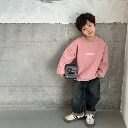 Amo Beibei children's thickened velvet denim straight pants boys and girls 2023 winter warm color matching pocket trousers