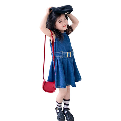 Korean children's clothing 2024 summer new girls denim dress Western style children's sleeveless vest dress princess dress trend