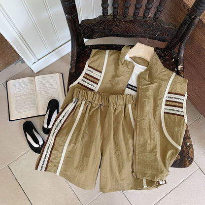 Children's suit Bangcheng 2024 summer new children's clothing boys two-piece suit striped cardigan vest + shorts G0177