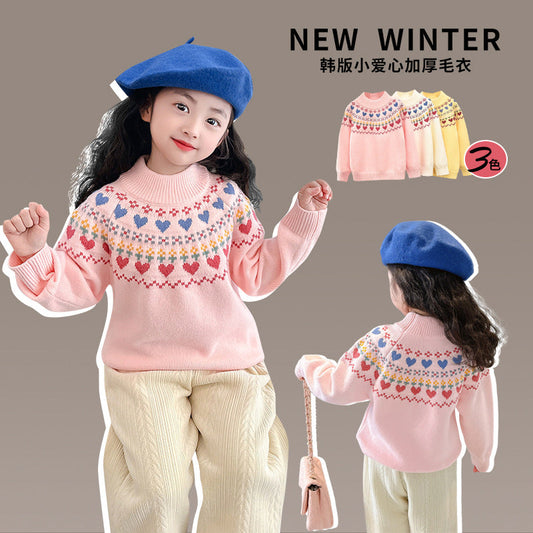 Girls winter sweater thickened love Korean style knitted pullover bottom line sweater for school wear kindergarten soft