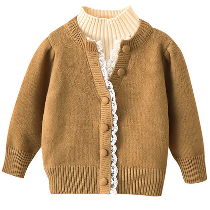 Girls' fake two-piece sweater Korean style button sweater warm base fragrance style lace sweater elastic Japanese style middle and small children