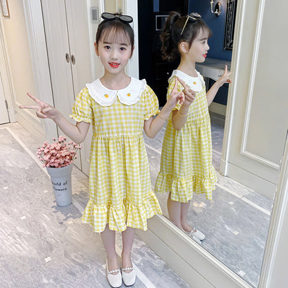 Girls short-sleeved dress 2024 summer new style wood ear edge doll collar plaid skirt girl cotton sweet long skirt