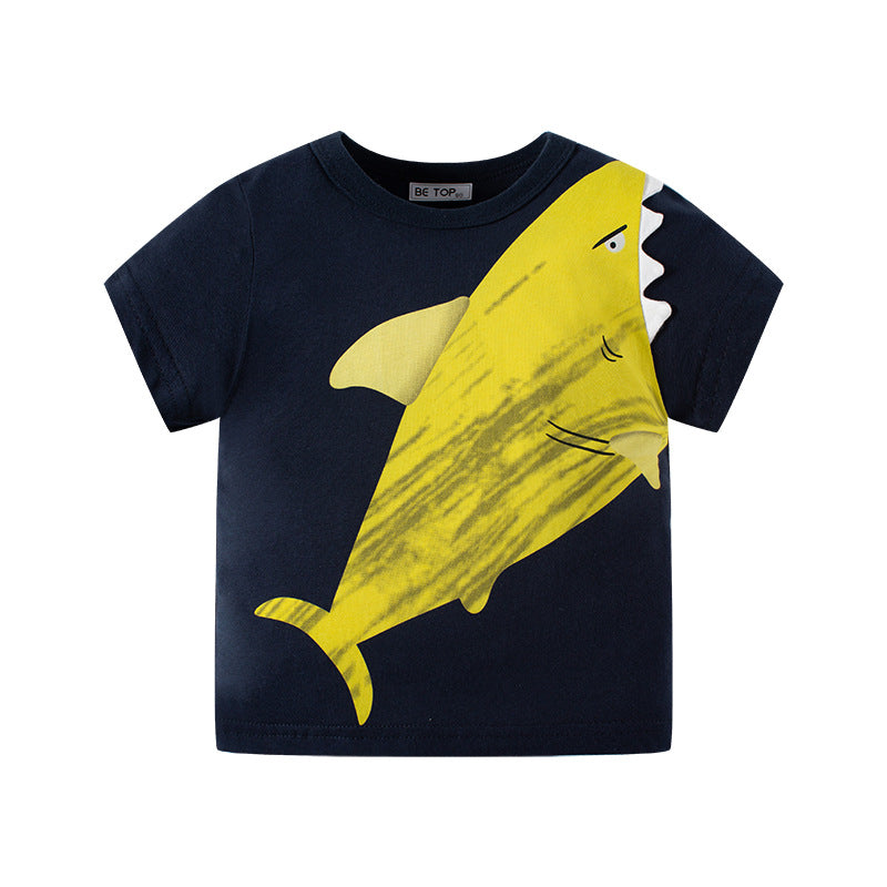 Summer children's short-sleeved cartoon shark print boy T-shirt pure cotton sweater baby top trendy one piece delivery