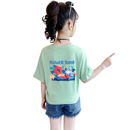 Girls short-sleeved T-shirt summer 2024 new style children's pure cotton tops for middle and large children loose cotton T-shirt