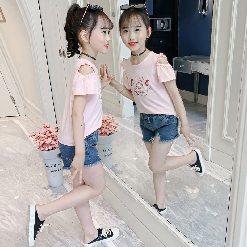 Children's summer short-sleeved T-shirt 2024 new cute printed off-shoulder T-shirt girl's ear-edge cotton top trend