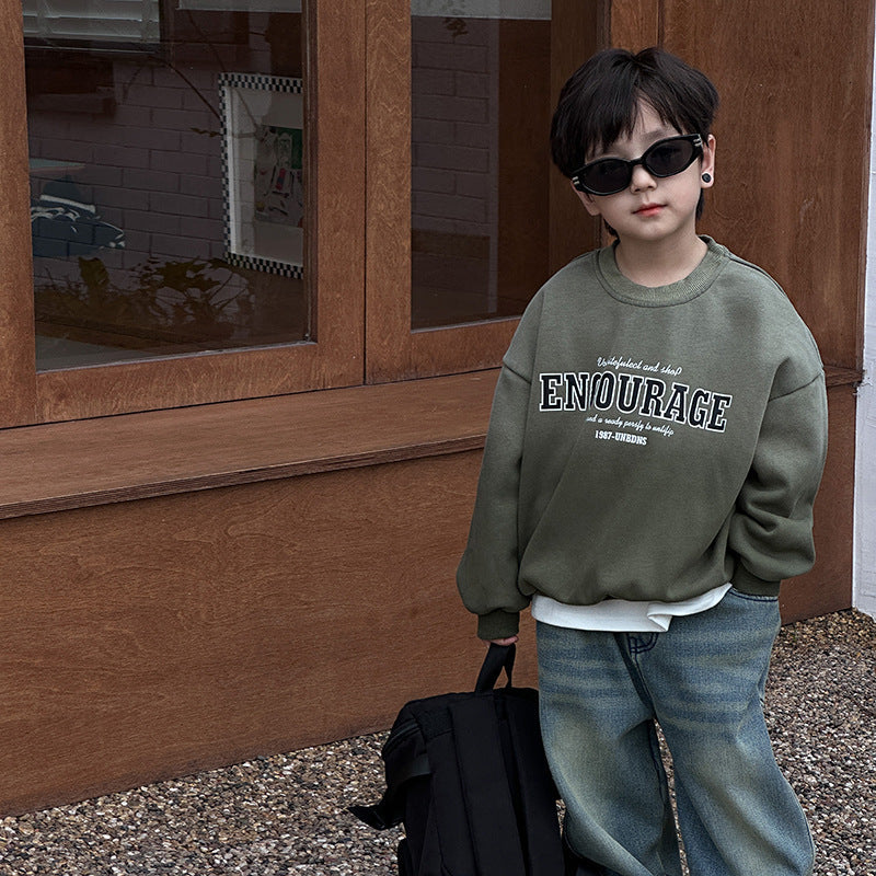 [Clearance Sale] Boys 2023 Winter Letter Plush Warm Sweatshirt Baby Handsome Sand Washed Gradient Color Top