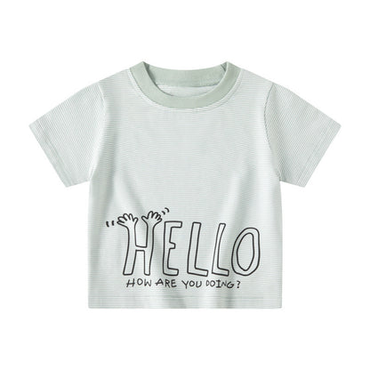 be top Korean version children's clothing letter stripes children's short-sleeved T-shirt pull-up loose style summer baby round neck half sleeve