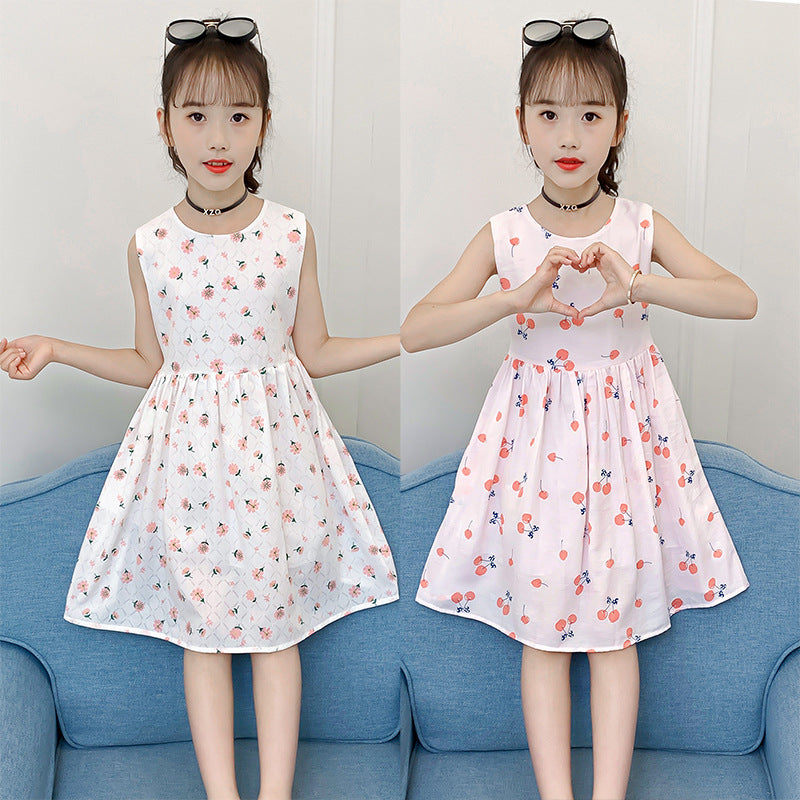 Girls dress 2024 summer new children's stylish printed cotton skirt little girl sleeveless cartoon vest skirt