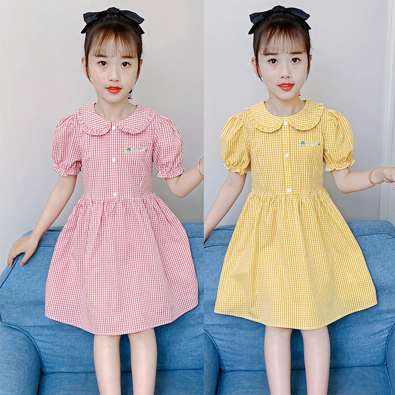 Girls short-sleeved dress summer new cotton baby collar plaid dress for middle and large children stylish embroidered skirt