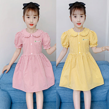 Girls short-sleeved dress summer new cotton baby collar plaid dress for middle and large children stylish embroidered skirt