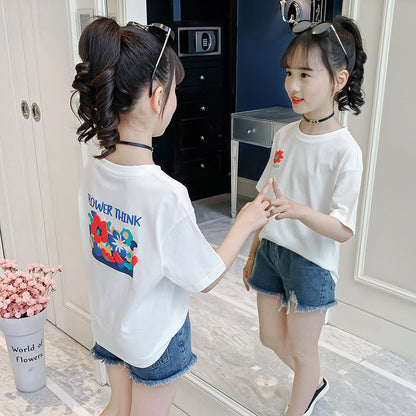 Girls short-sleeved T-shirt summer 2024 new style children's pure cotton tops for middle and large children loose cotton T-shirt