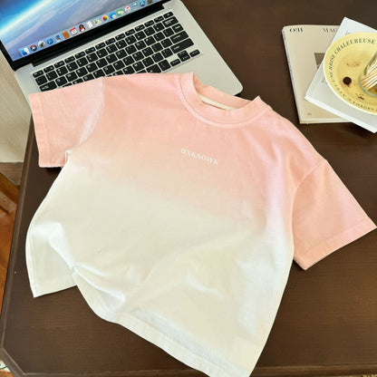 2024 summer new boys pink fashion children's trend gradient short-sleeved T-shirt baby cotton T-shirt