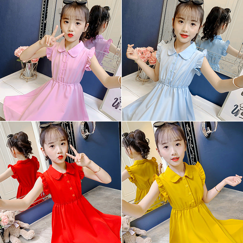 Girls summer clothes 2024 new children's dresses for middle and large children, stylish solid color chiffon skirts for girls, thin princess skirts