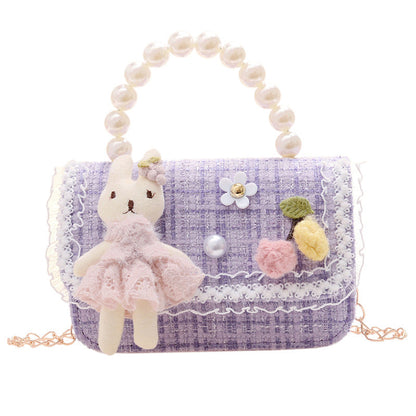 Children's pearl handbag 2024 new cotton and linen small square bag fashionable and cute girls decorative bag messenger bag 