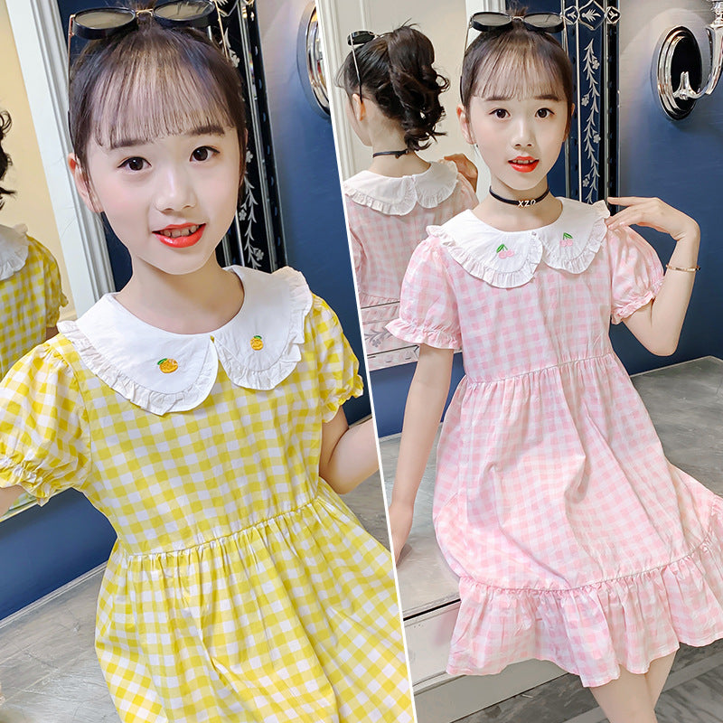 Girls short-sleeved dress 2024 summer new style wood ear edge doll collar plaid skirt girl cotton sweet long skirt