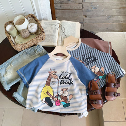 Children's T-shirt Bangcheng 2024 summer children's clothing striped short T-shirt boy cartoon print raglan short-sleeved top G0191