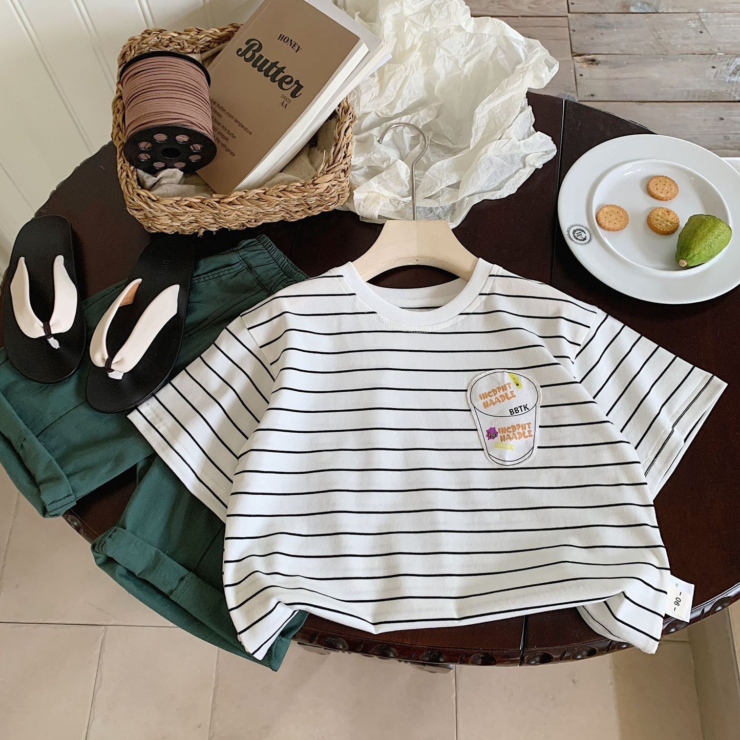 Children's T-shirt Bangcheng 2024 summer striped short T-shirt children's clothing boys' beverage cup printed short-sleeved top trendy G0138 