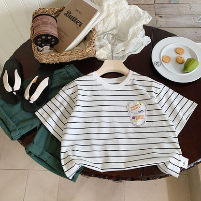 Children's T-shirt Bangcheng 2024 summer striped short T-shirt children's clothing boys' beverage cup printed short-sleeved top trendy G0138 