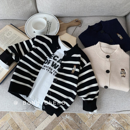 Children's sweater Bangcheng 2024 spring new children's clothing striped wool cardigan boys and girls bear coat MY0022