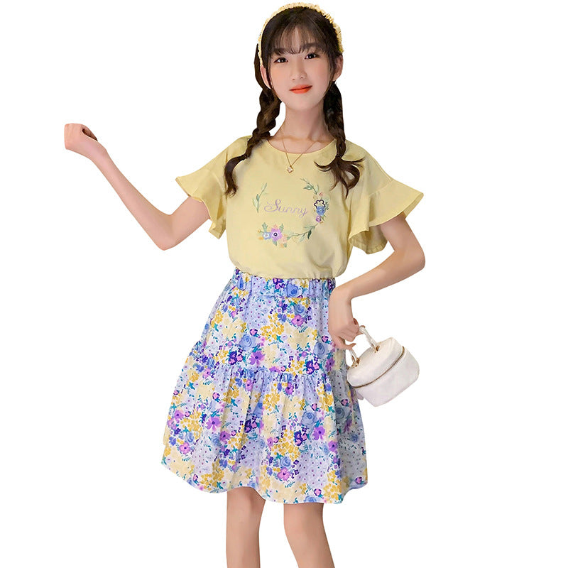 Girls summer suit skirt short sleeve suit floral cotton cloth lotus leaf sleeve skirt two piece suit Korean style fragrant style street