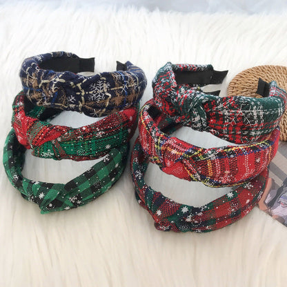 2024 New Christmas Bow Headband Women European and American Retro Plaid Knotted Head Buckle Christmas Headband Hair Cave Women