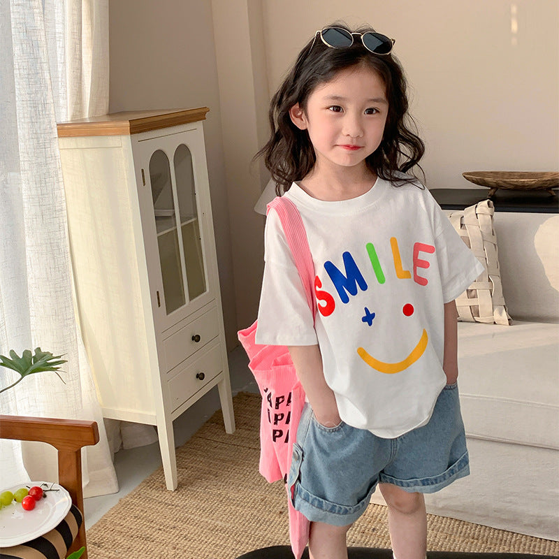 Korean children's clothing 2024 spring and summer new children's short-sleeved boys and girls pure cotton cartoon smiley face T-shirts stylish bottoming shirts