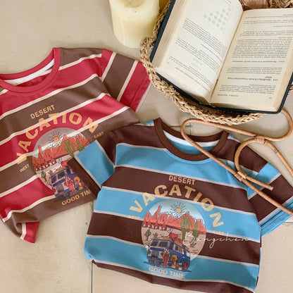 Children's T-shirt Bangcheng 2024 summer wide stripe beaded printed short-sleeved boys striped T-shirt round neck top G0186