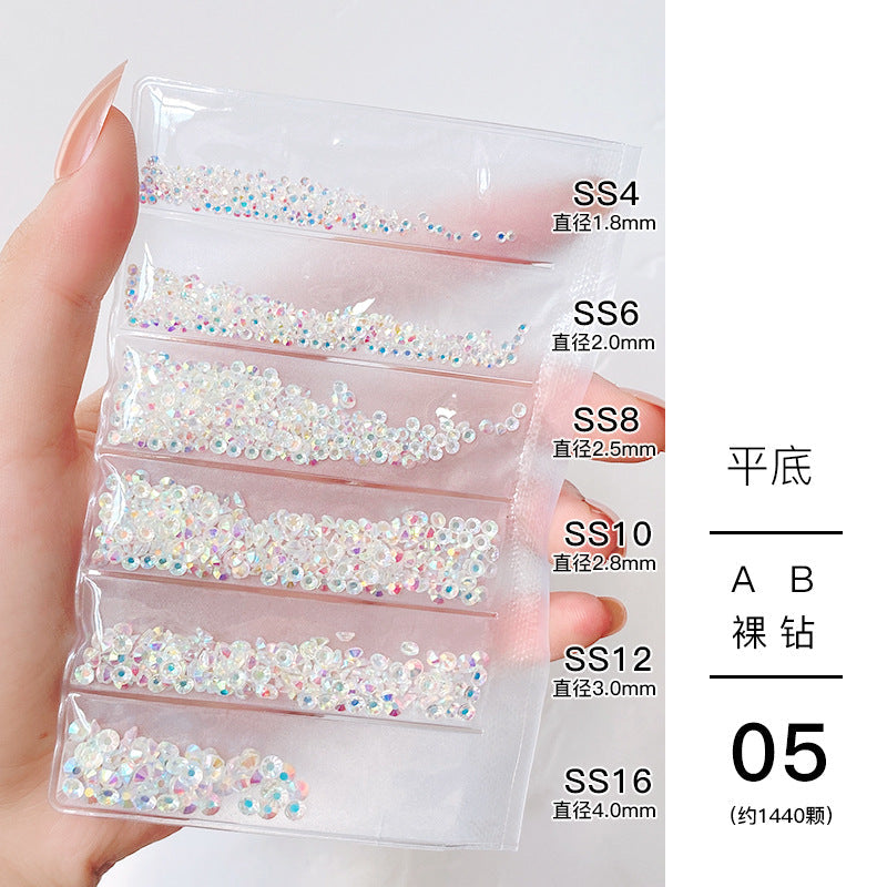 Nail jewelry wholesale 6-grid bagged rhinestones AB diamonds colored diamonds glass diamonds super flash flat bottom diamonds mixed colorful silver bottom