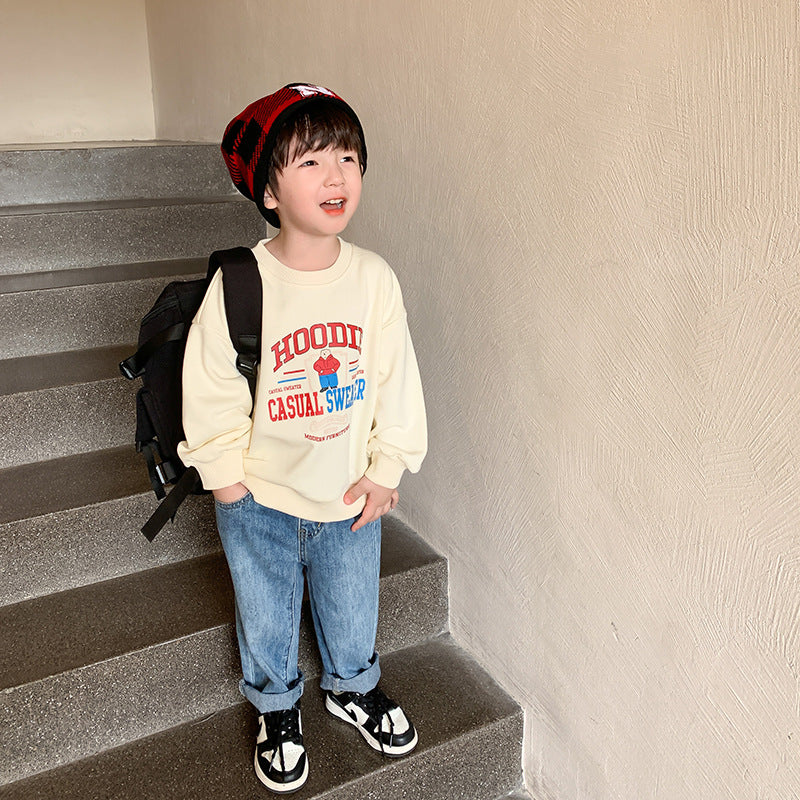 Children's pants boys and girls 2024 spring single button sand washed jeans baby Korean straight pocket trousers trendy