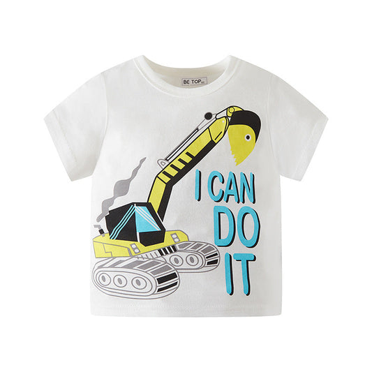 Children's clothing summer hook excavator engineering vehicle short-sleeved children's short-sleeved boys' cotton T-shirt Korean version one piece