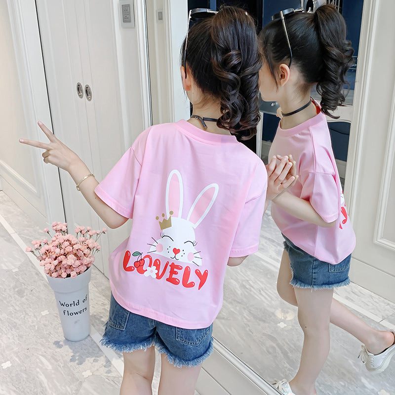 Girls short-sleeved T-shirt 2024 new summer cute cartoon printed cotton T-shirt fashion casual tops T-shirt