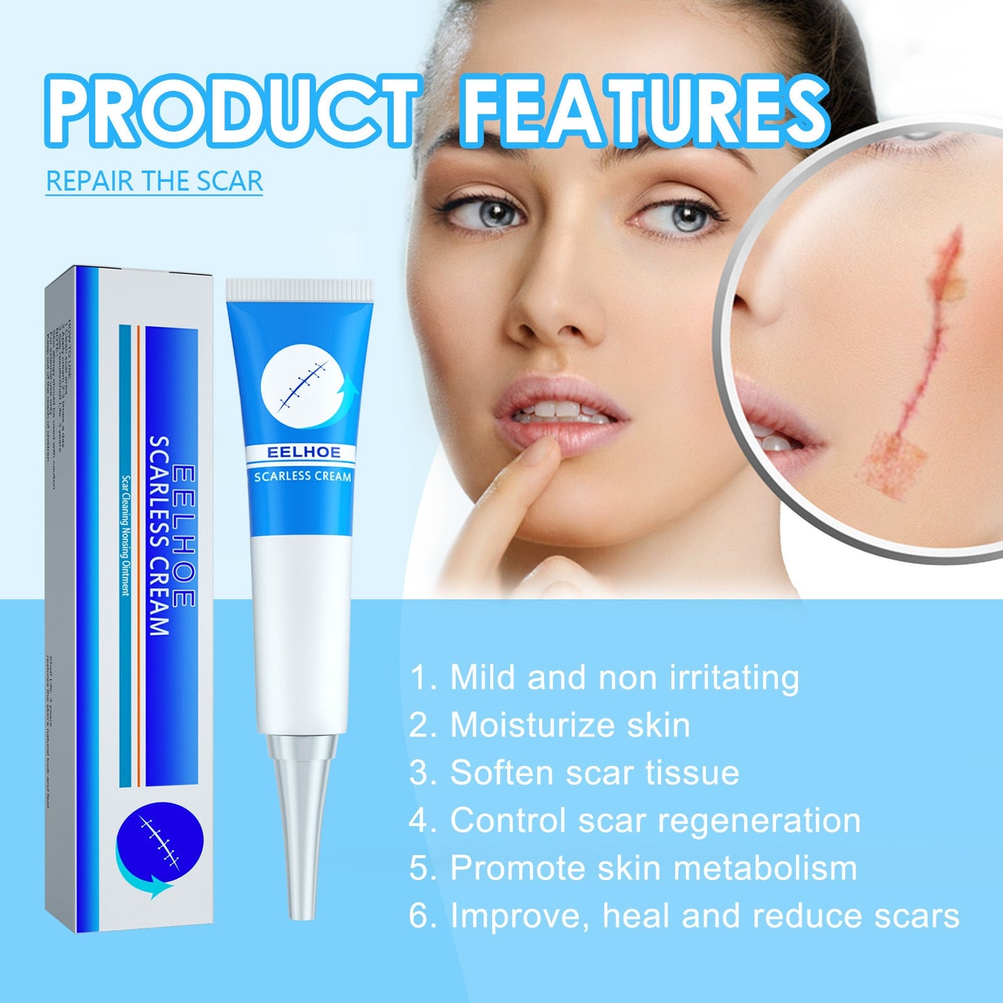 EELHOE scar removal cream repairs the skin, fades scars, smoothes the skin, removes scars from pregnancy and surgery 