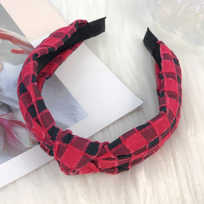 European and American Christmas headband for women Korean style cute sweet temperament knotted head buckle fabric wide edge plaid headband hair cave