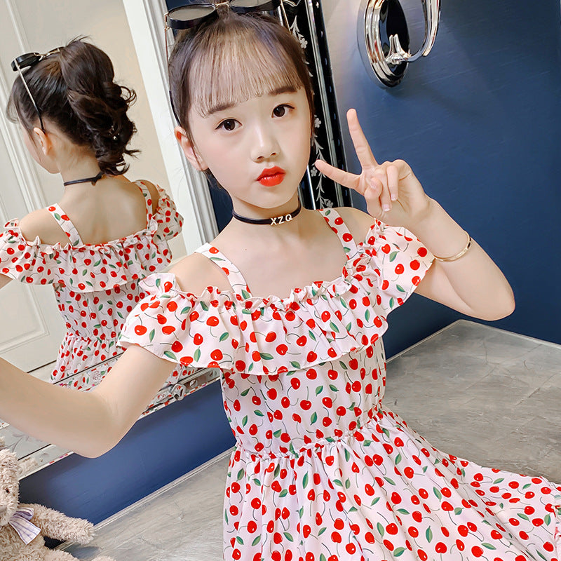 Girls dress summer 2024 new sling earrings off-shoulder dress sweet Bohemian holiday cherry long dress