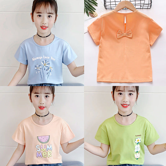 Girls summer short-sleeved T-shirt new style fashion print round neck T-shirt cute bow casual cotton top