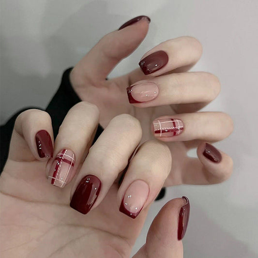 Wearable nail art nail tips wholesale 2023 autumn and winter new wine red French checkerboard nail stickers finished product can be removed