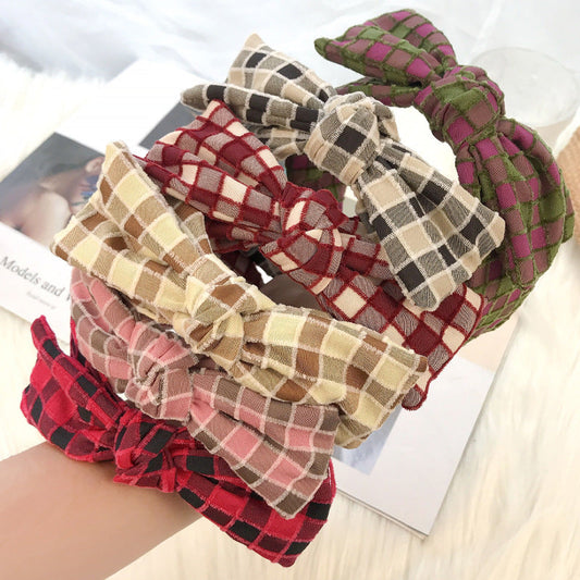 Big Bow Headband for Women Korean Cute Retro Temperament Christmas Hair Clip Checkered Fabric Headband Hair Cave