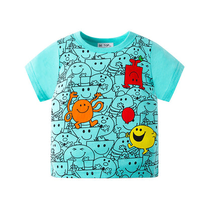 2023 Summer Children's Short Sleeve New Cartoon Printed Sweater Boys Top Summer Clothes Trendy Children's Clothes One Piece Delivery