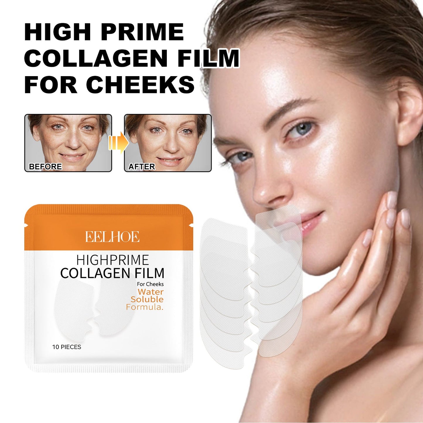 EELHOE collagen water-soluble cheek patch ជួយកាត់បន្ថយស្នាមជ្រីវជ្រួញ ប្រឆាំងភាពចាស់ លើក និងផ្តល់សំណើមដល់ស្បែកមុខ 