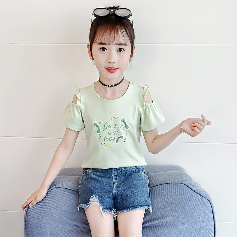 Children's summer short-sleeved T-shirt 2024 new cute printed off-shoulder T-shirt girl's ear-edge cotton top trend