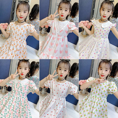 Girls dress 2024 summer new style medium and large children's short-sleeved floral dress pure cotton dress long dress sweet baby dress 