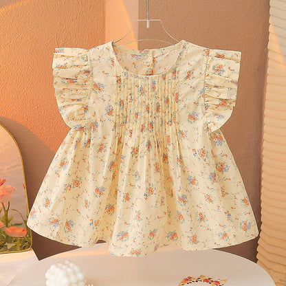 Summer children's cotton baby shirt pure cotton shirt Korean version of floral tops children's thin and cool loose flying sleeves French style