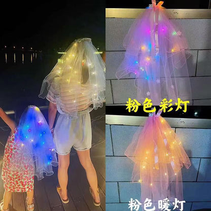 Night market with light luminous veil net celebrity photo props super fairy ribbon bow veil headdress soft yarn long female