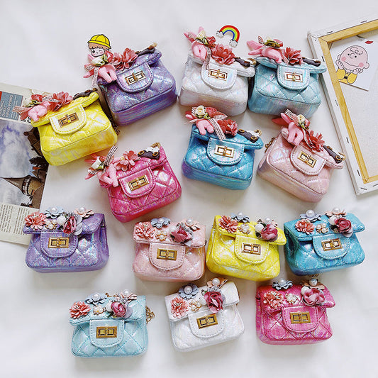 Korean fashion small square bag cartoon bunny pendant girl accessories bag shiny small square bag crossbody children's bag