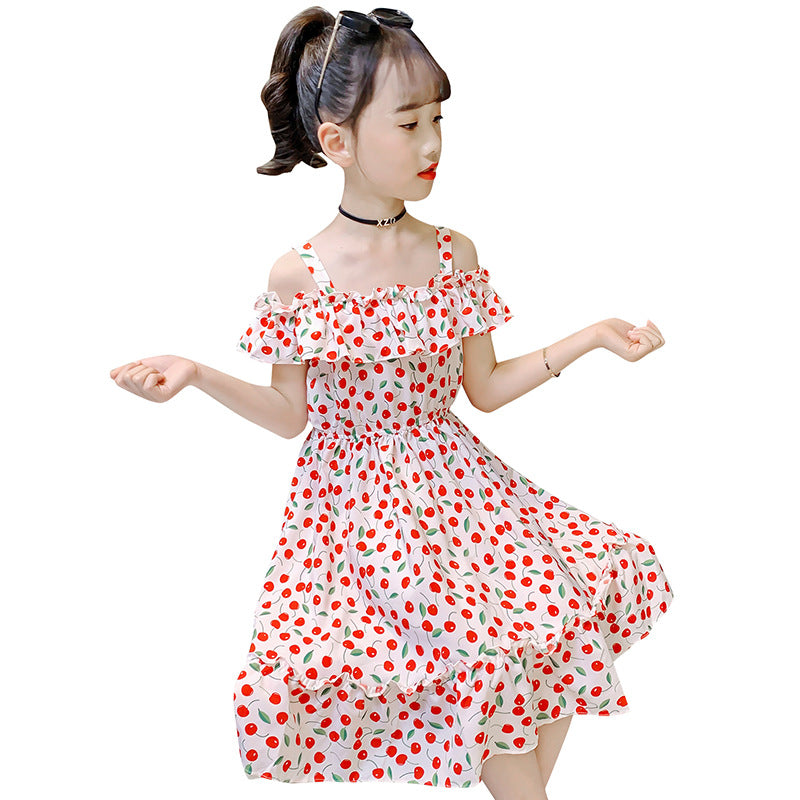 Girls dress summer 2024 new sling earrings off-shoulder dress sweet Bohemian holiday cherry long dress