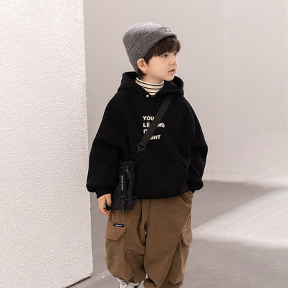 Amo Beibei 2023 Winter Thickened Fleece Top Children's Korean Warm Letter Aoliang Fleece Hooded Sweater Trend