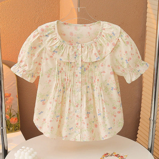 Children's summer floral shirt, pure cotton short-sleeved cotton top, Korean cardigan, fashionable summer vacation baby shirt, loose